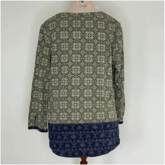 Lucky Brand Boho Print Split Neck Popover Blue and Olive Long Sleeve Size Large - Picture 2 of 8